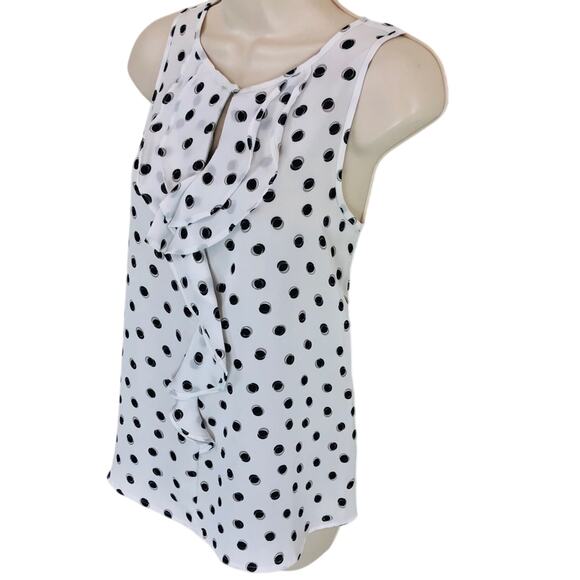 Elle White Black Polka Dot Sleeveless Top Ruffle Front Keyhole Button Closure - Picture 14 of 16
